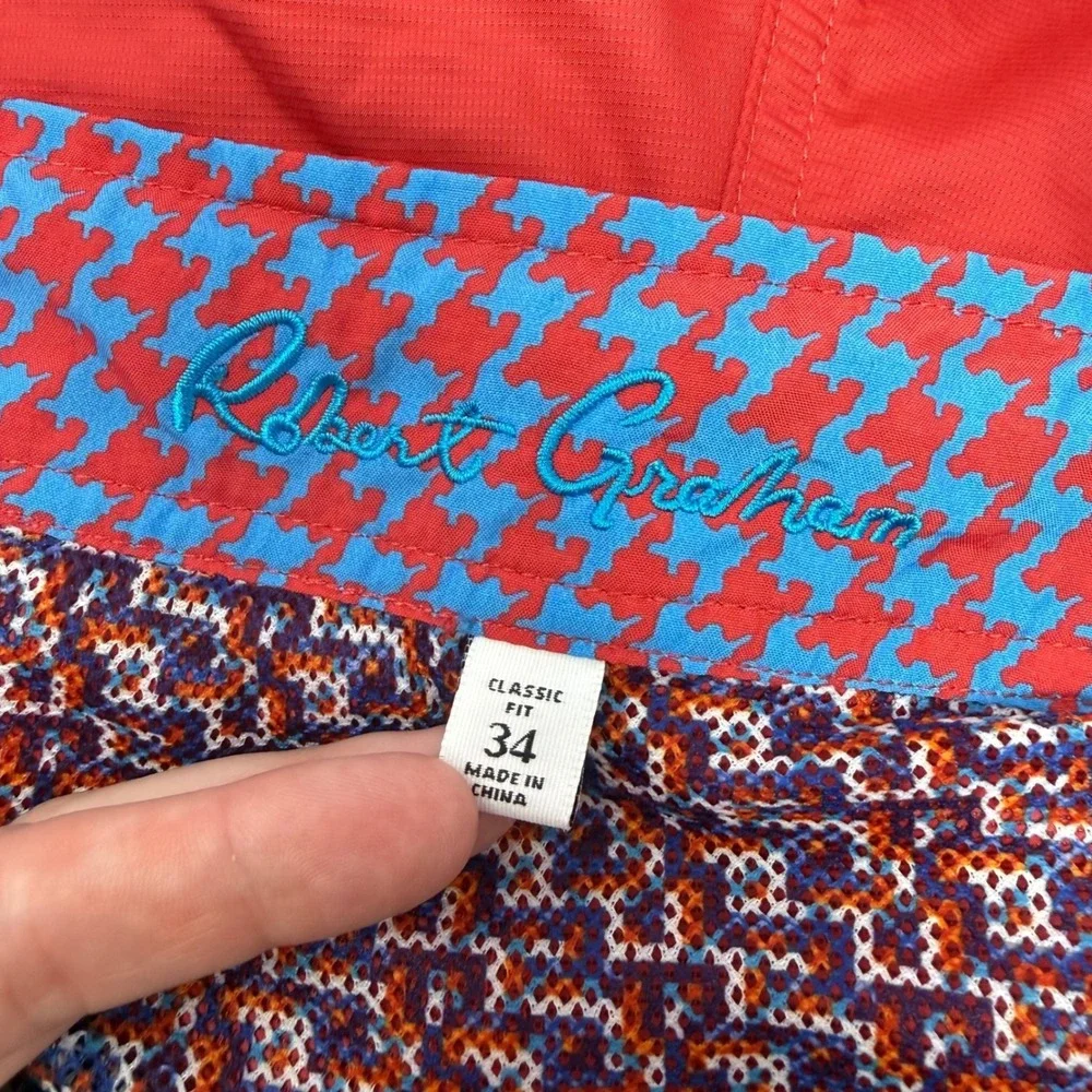Robert Graham Mens Size 34 Red Houndstooth Trim Swim Trunks Board Shorts Classic